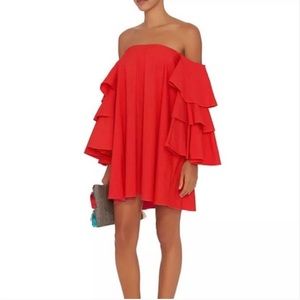 Caroline Constas x Intermix Blouse Red Flamenco Off Shoulder Ruffle Sleeve